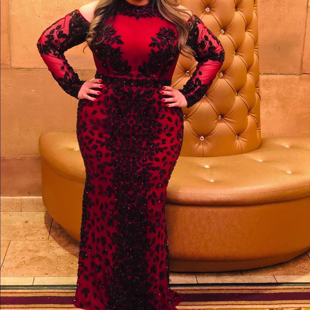 Red and Black Beaded Evening Gown